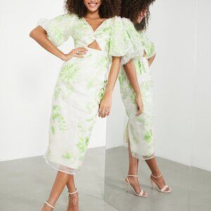 ASOS EDITION embroidered organza midi dress with puff sleeves in washed lime 10
